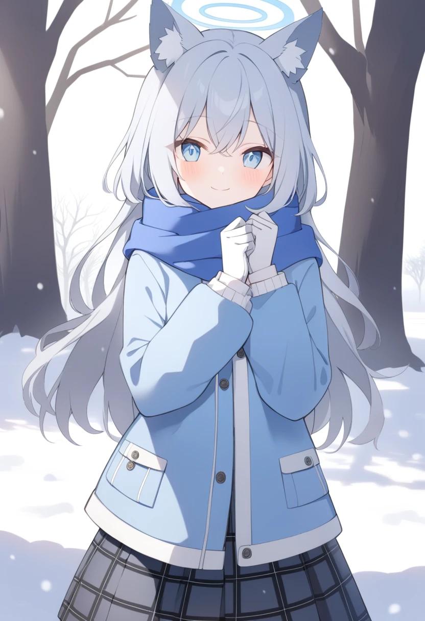 girl，Silver long hair, blue eyes, Wearing a blue hooded jacket,戴着Blue hood，A sky blue scarf, A white T-shirt, White gloves, And black plaid skirt, Standing in the park，Smile, blue halo，Blue hood，戴着Blue hood，Gray wolf ears，cold winter