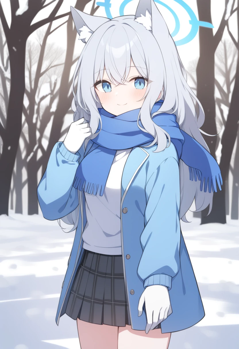 girl，Silver long hair, blue eyes, Wearing a blue hooded jacket,戴着Blue hood，A sky blue scarf, A white T-shirt, White gloves, And black plaid skirt, Standing in the park，Smile, blue halo，Blue hood，戴着Blue hood，Gray wolf ears，cold winter