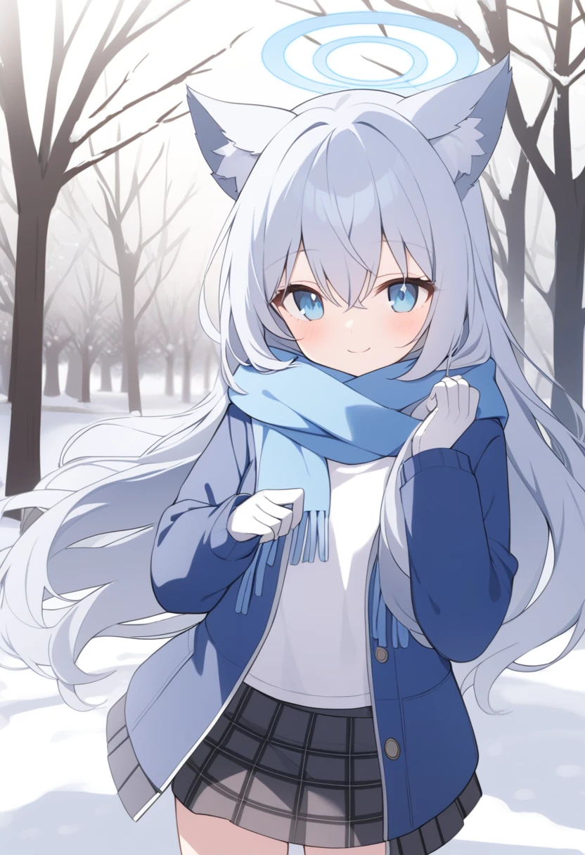 girl，Silver long hair, blue eyes, Wearing a blue hooded jacket,戴着Blue hood，A sky blue scarf, A white T-shirt, White gloves, And black plaid skirt, Standing in the park，Smile, blue halo，Blue hood，戴着Blue hood，Gray wolf ears，cold winter