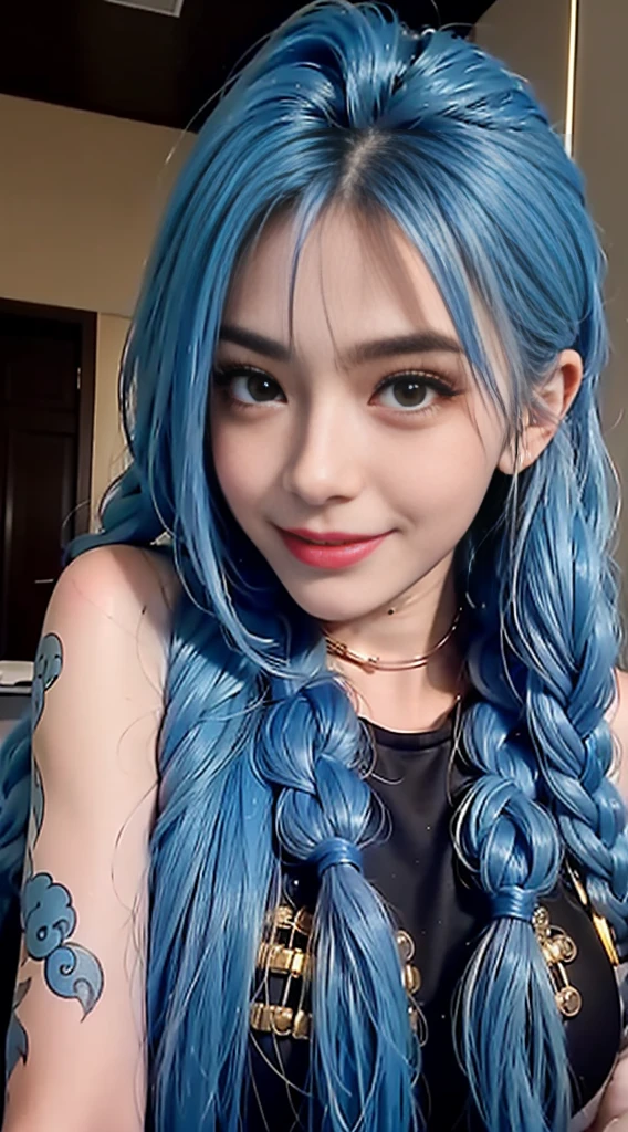 beautiful face， sensual poses， Being alone， 1 girls，smile with， The best quality at the best.， hair ornament nmasterpiece, Butter，blue hairs