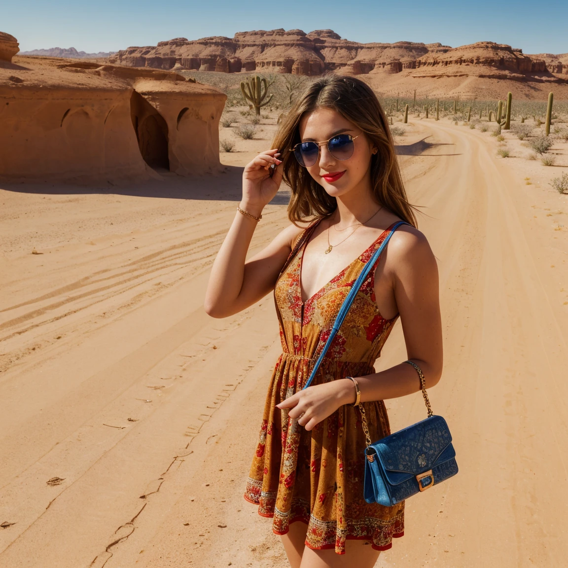 a girl, 28 years old, ((best quality)), ((detailed)),(masterpiece), (American), ((blue eyes)) long hair, freckles, red lips, slightly smiling, standing, sunglasses on her face, wearing a colorful red short dress, small handbag in one hand, ((desert carpet road background in side)), capture to thighs