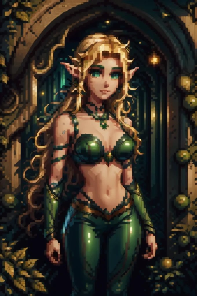 medieval setting, full view of body, (detailed elf ear, 1 woman, elven featured face, beautiful green eyes, blonde hair), leather armor, black leather pants, 