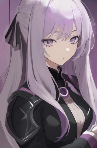 masterpiece, anime style, best quality, portrait, 1girl, solo, light purple hair, long hair, ((grey eyes)), black dress with burgundy accents, long sleeves, light armor