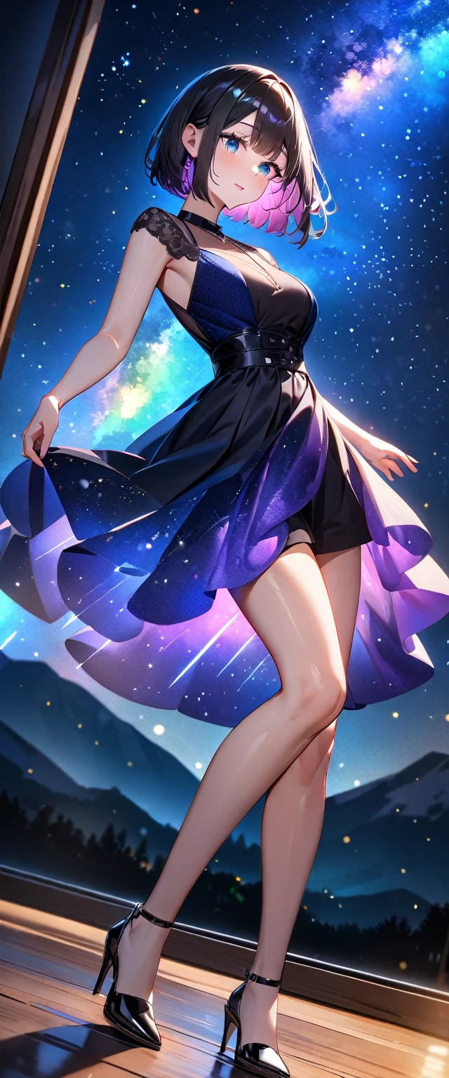 (((A meteor shower dancing in the night sky, countless stars twinkling in the clear air, a beautiful starry sky, the Milky Way shining beautifully in the night))), mountain, a girl, bobcut, bare legs, (best quality, 4K, 8K, highres, masterpiece:1.2, ultra-detailed, HDR, uhd, studio lighting, ultra-fine painting, sharp focus, physically-based rendering, extreme detail description, professional, vivid colors, bokeh)