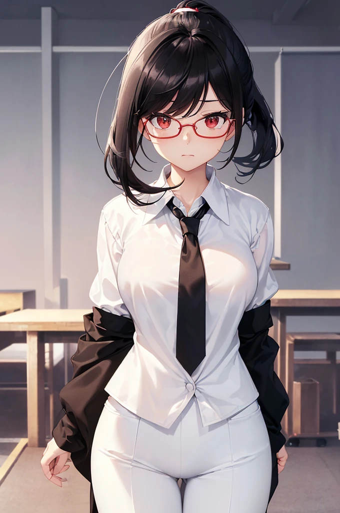 (masterpiece; best quality: 1.2), (finely detailed eyes: 1.3), ((25 year old woman)), ((solo)), (red eyes: 1.4), (body; gorgeous, soft, femenine: 1.3), (silky black hair + low ponytail: 1.3), (beautiful and clear background: 1.2), ((depth of field)), (equipment: white labcoat + (black shirt) + (white necktie) + white pants + black square glasses: 1.3), (anime illustration: 1.2), (background composition; japanese highschool classroom + furniture: 1.1), (extremely fine and beautiful: 1.1), (shot composition; standing + centered on torso + close-up: 1.5), (expression; calm, stoic: 1.2)