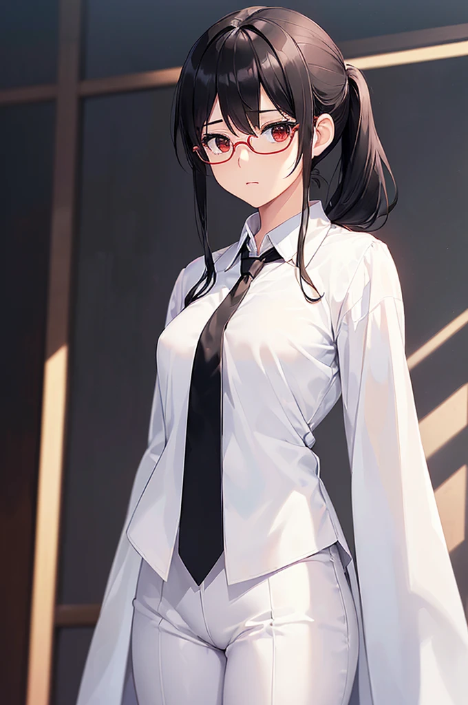 (masterpiece; best quality: 1.2), (finely detailed eyes: 1.3), ((25 year old woman)), ((solo)), (red eyes: 1.4), (body; gorgeous, soft, femenine: 1.3), (silky black hair + low ponytail: 1.3), (beautiful and clear background: 1.2), ((depth of field)), (equipment: white labcoat + (black shirt) + (white necktie) + white pants + black square glasses: 1.3), (anime illustration: 1.2), (background composition; japanese highschool classroom + furniture: 1.1), (extremely fine and beautiful: 1.1), (shot composition; standing + centered on torso + close-up: 1.5), (expression; calm, stoic: 1.2)