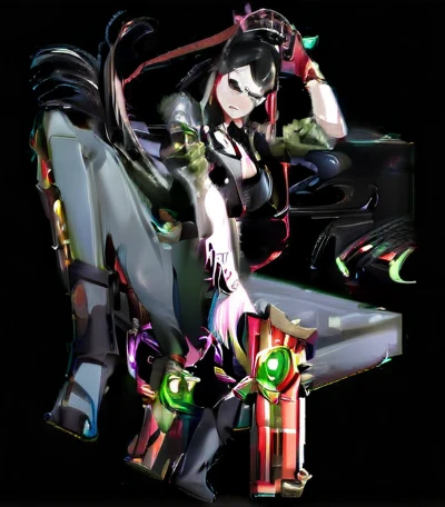 Tall, pale woman, long black hair tied with a red ribbon, black glasses with butterfly design legs, huge breasts with a watch attached to them in the center, Dressed in tight black outfits with white details on the gloves with red palms, black high heels with two red pistols with green jewels attached to the legs, holding two red pistols with green jewelry, sexy posture, hitting an angel, cemetery background