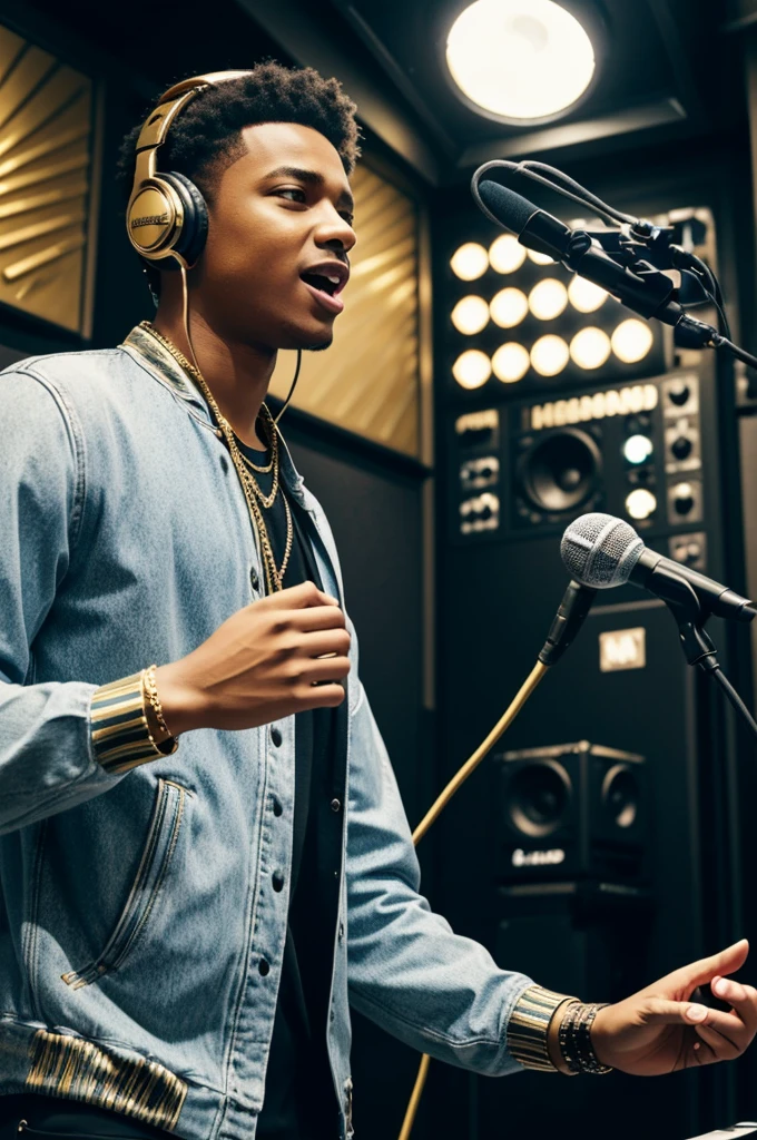 A singing boy in urban clothing and diamond and gold chains is in a recording studio. with headphones on, stands in front of the microphone, ready to record. Her modern and bright outfit contrasts with the professional atmosphere of the studio, Full of high-tech equipment and soundproof panels. The energy of the place reflects his enthusiasm and passion for music.