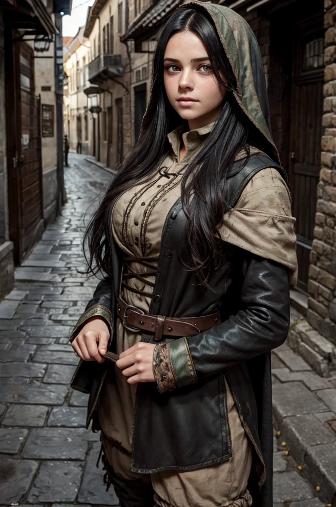 ((best quality)), ((masterpiece)), (detailed), ((normal ???????)), beautiful eye detail, perfect face, high detail, charismatic, full body, realistic, cinematic lighting, defined body, super detail, high realism, medieval fantasy setting, a pretty young girl in street urchin clothes, dirty soot covered face, large green nictating eyes with vertical pupils, long black hair under a brown hood, standing outdoors in a medieval city