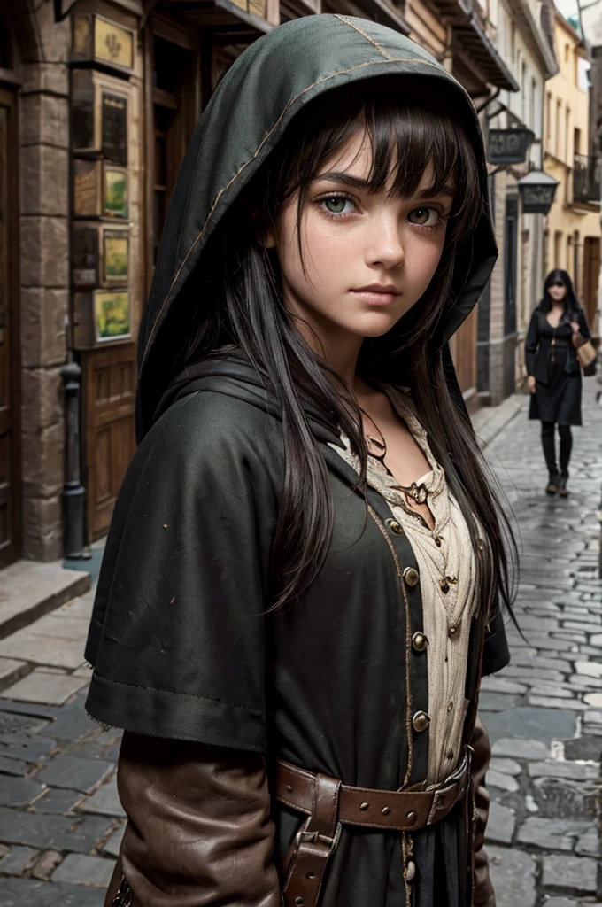 ((best quality)), ((masterpiece)), (detailed), ((normal anatomy)), beautiful eye detail, perfect face, high detail, charismatic, full body, realistic, cinematic lighting, defined body, super detail, high realism, medieval fantasy setting, a pretty young girl in street urchin clothes, dirty soot covered face, large green nictating eyes with vertical pupils, long black hair under a brown hood, standing outdoors in a medieval city