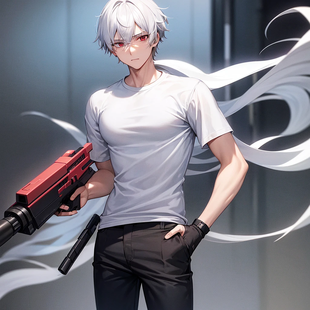 20 year old boy with white hair red eyes wearing a black t-shirt and white pants with a gun in his hand