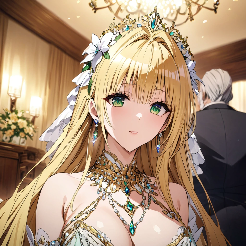 ((Highest quality)), ((masterpiece)), (detailed), (Perfect Face)、The woman is Tiare, has green eyes, medium-long blonde hair, and is wearing an engagement ring.、The woman is wearing a gorgeous and dazzling Victorian princess dress, a gorgeous see-through cape and a sequined skirt, a gorgeous jeweled head dress chain, gorgeous jeweled earrings, and other gorgeous and glittering accessories, and is in a luxurious room with a dignified, bearded old man.、The man is a dignified, bearded old man, very wealthy and wearing an engagement ring.
