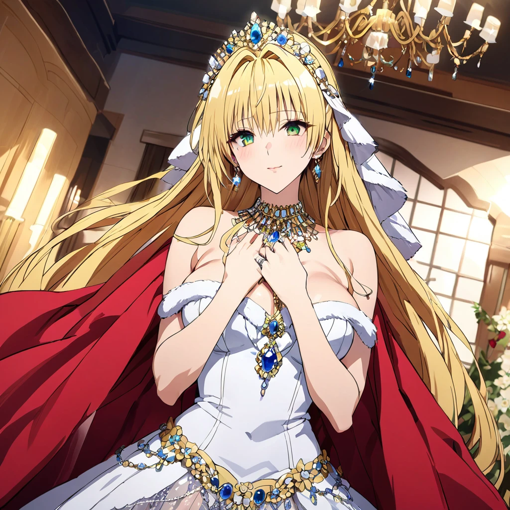 ((Highest quality)), ((masterpiece)), (detailed), （Perfect Face）、The woman is Tiare, has green eyes, medium-long blonde hair, and is wearing an engagement ring.、The woman is wearing a gorgeous and dazzling Victorian princess dress, a gorgeous see-through cape and a sequined skirt, a gorgeous jeweled head dress chain, gorgeous jeweled earrings, and other gorgeous and glittering accessories, and is in a luxurious room with a dignified, bearded old man.、The man is a dignified, bearded old man, very wealthy and wearing an engagement ring.