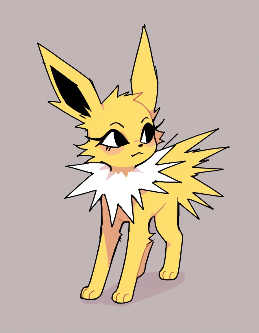 ,stkyswt, zPDXL, score_9, score_8_up, score_7_up, source_anime, BREAK sketch, flat color, 1girl, solo, black eyes, vivziepop, feral, jolteon, female jolteon, helluva boss, full body, lineart, 