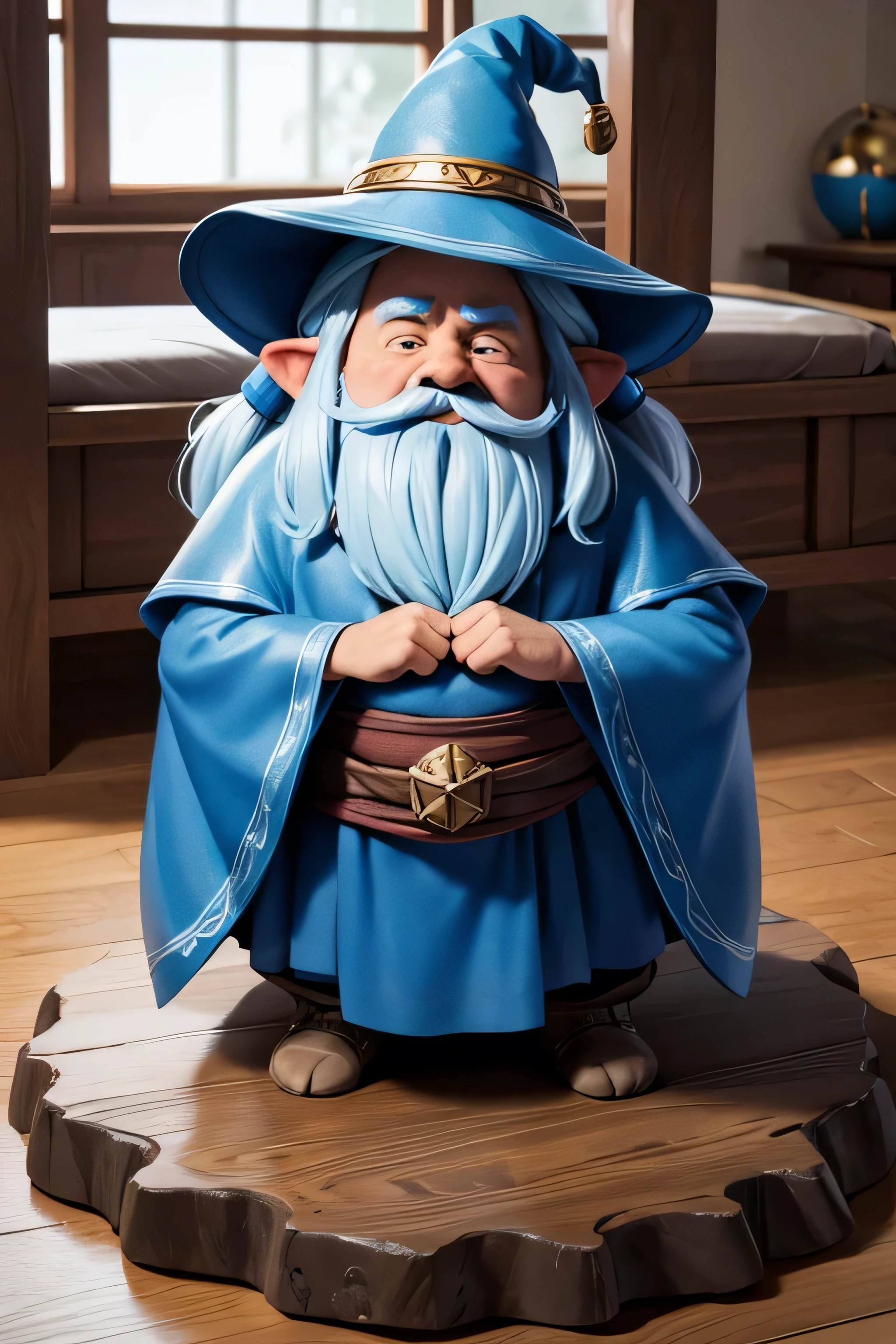 a dwarf wizard, very large wizard bed, very large wizard hat, color blue