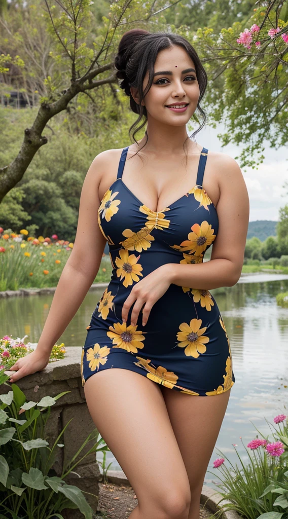 Jaya Prada 27 years old beautiful different face cute sexy Indian girl, curvy figure, beautiful different colorful short sexy' dress ,  bigest breast, different bun hairstyle, bright eyes, thin eyebrows, fair skin, blushing cheeks, head to thigh view, smiling face, Kamasutra expression, Straight front view standing beautiful flowers valley  background, ultra realistic, head to thigh view, black hair, Provocative eye Contact, glossy lips, raining night weather, attractive eye contract face, background beautiful sunny  biggest water ponds flower valley. Red blue yellow short sexy dress like bikini 