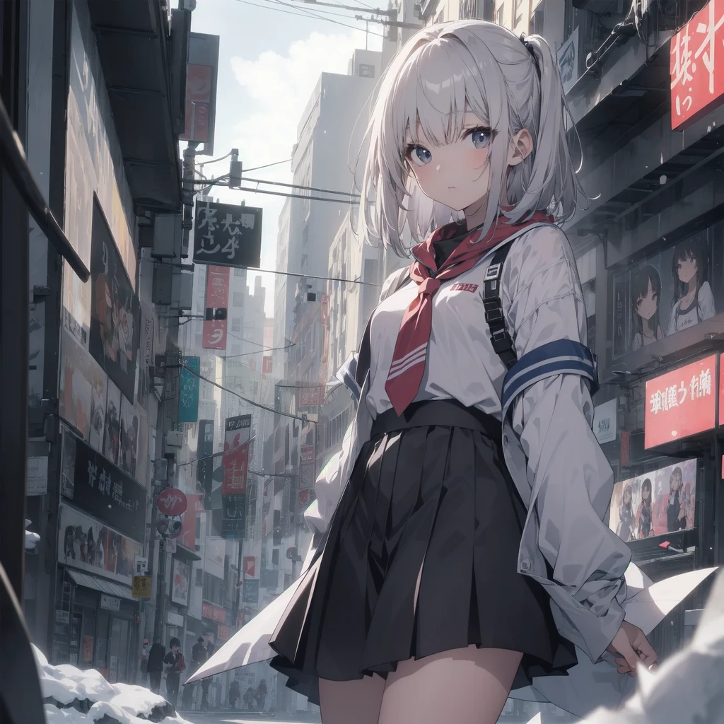 Super high quality by Art God, Super detailed, High resolution, Ilya Kuvshinov Style, Anime Moe Art Style, Best Anime 8K,pixiv Contest Winner, Perfect Anatomy, break,(眠そうにalone学校へ歩いていく女の子を描いてください. ),break,Surreal , (alone,,,18-year-old:1.3),Complete limbs, Full Finger,, The charm of androgyny, (Very short hair), Messy Hair, between legs, Small eyes,Beautiful and exquisite black eyes, Well-proportioned iris and pupil, Disgusted Eyes, High resolutionの詳細な髪, , skirt, School zone. break,Highly detailed skin, Best lighting by famous artists, 8K,Cute illustrations,snow、winter