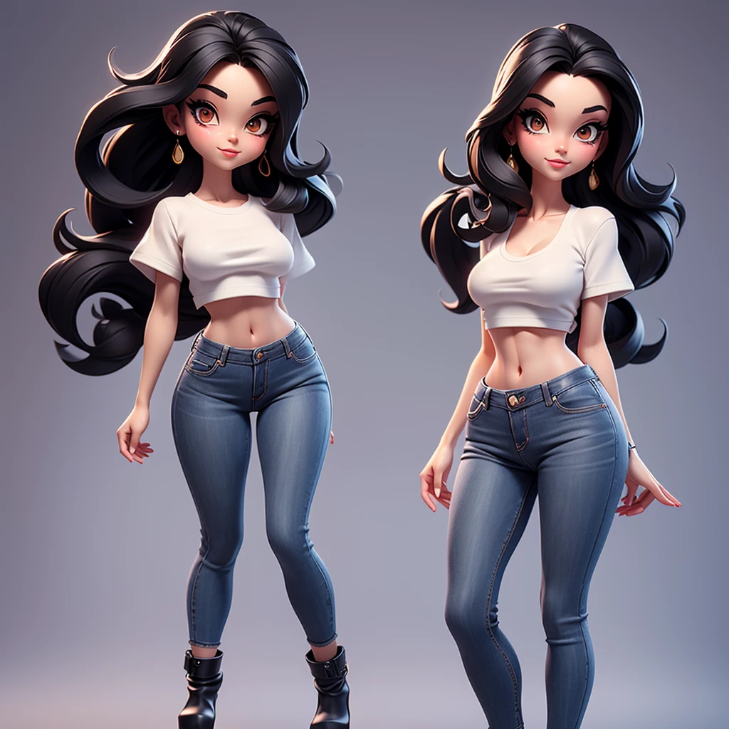 A sexy cartonn woman in jeans and white crop top posing gracefully for a photo, beauty in jeans, long straight black hair, Waist slender, sexy girl, mulher de corpo inteiro, wearing jeans, beautiful seductive woman, slender figure, cartoon vector style, corpo pin-up, Broad Hips