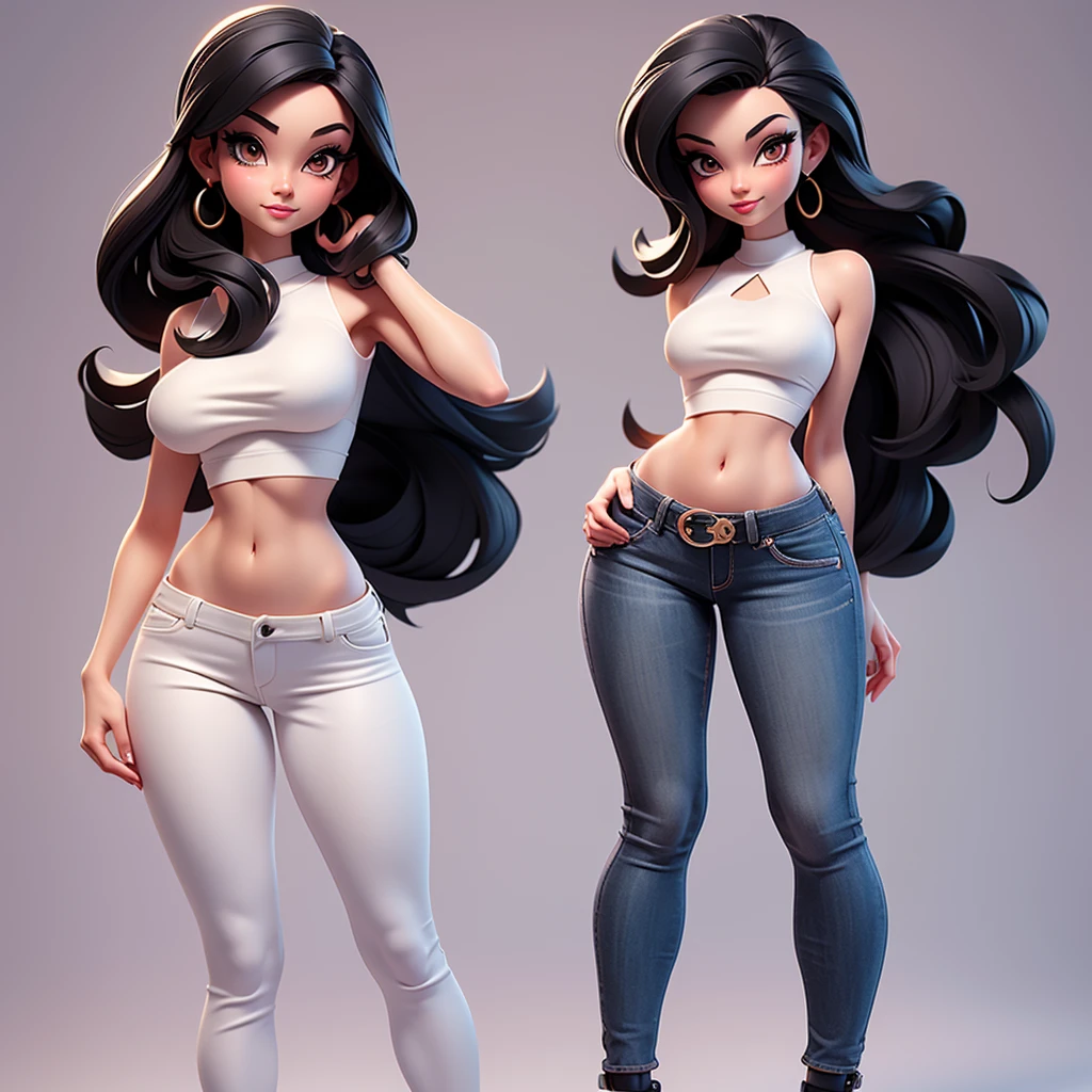  A sexy cartonn woman in jeans and white crop top posing gracefully for a photo, beauty in jeans, long straight black hair, Waist slender, sexy girl, mulher de corpo inteiro, wearing jeans, beautiful seductive woman, slender figure, cartoon vector style, corpo pin-up, Broad Hips