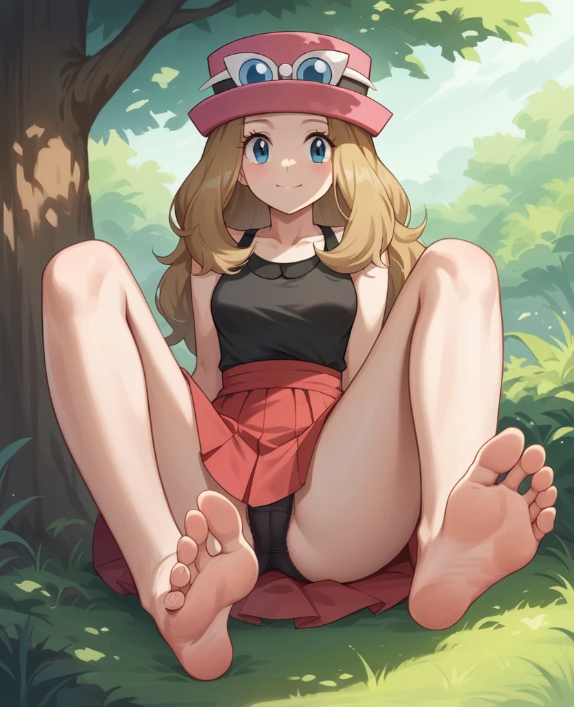 Masterpiece, Best Quality, high resolution, vegetation and trees in the background, A girl, alone, blue eyes, long hair, blonde color, exhausted look, sitting on a fallen tree , smiling, serena (pokemon), pink hat, black shirt, bare shoulders, Red skirt, bare legs stretched and apart, barefoot, soles of the feet in the air, head on, black panties