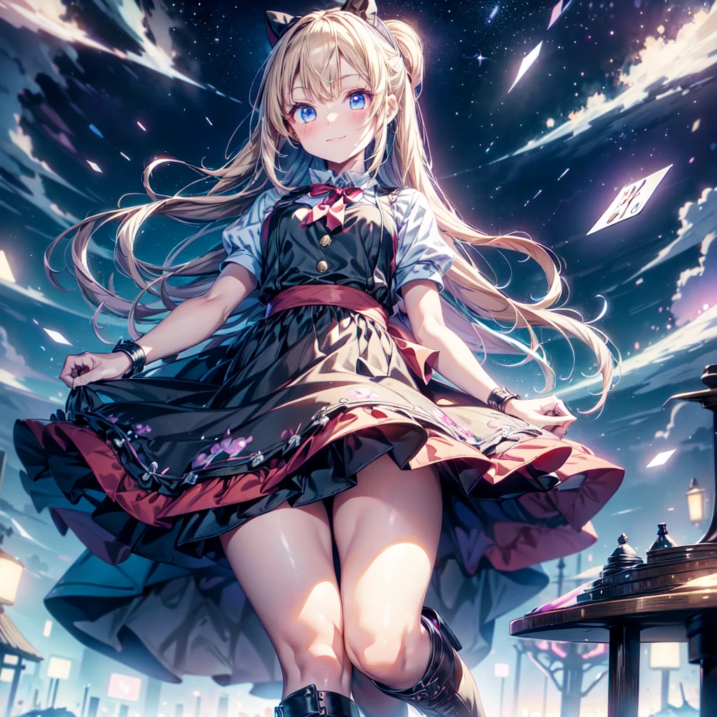 (Tabletop, Highest quality、Very detailed、Very detailedな目), (perfect athletic body:1.2), (Thin Hair), Very detailed, Anime Style, whole body, alone, Fantasy Blonde Hair, Blue Eyed Girl, Apron dress like Alice in Wonderland, Playing cards with your hands, Red Hairband, Black-purple miasma swirls, There are many whispers of the dark devil floating around, Nightmarish sights, Standing in the Wilderness, High heel boots, Digital Painting, 8K high resolution, Trend Art Station,  whole body, Bad smile,background＿Distorted clock:1.5、Kawaii Tech、
