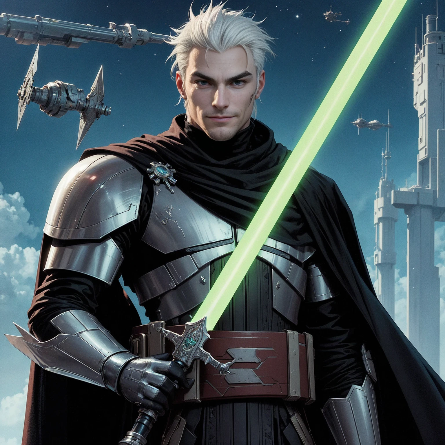 full-body shot, star wars: the clone wars, comic art style, (heroic young man, tall and brawny, irish pale white albino, subtle grin, long spiky white hair, thick white eyebrows, pink eyes), bastard greatsword, larger thicker flat green plasma blade, in a sword stance, black metal knight plate armor with a pauldron, bright Coruscant day, space station in the background, solo,