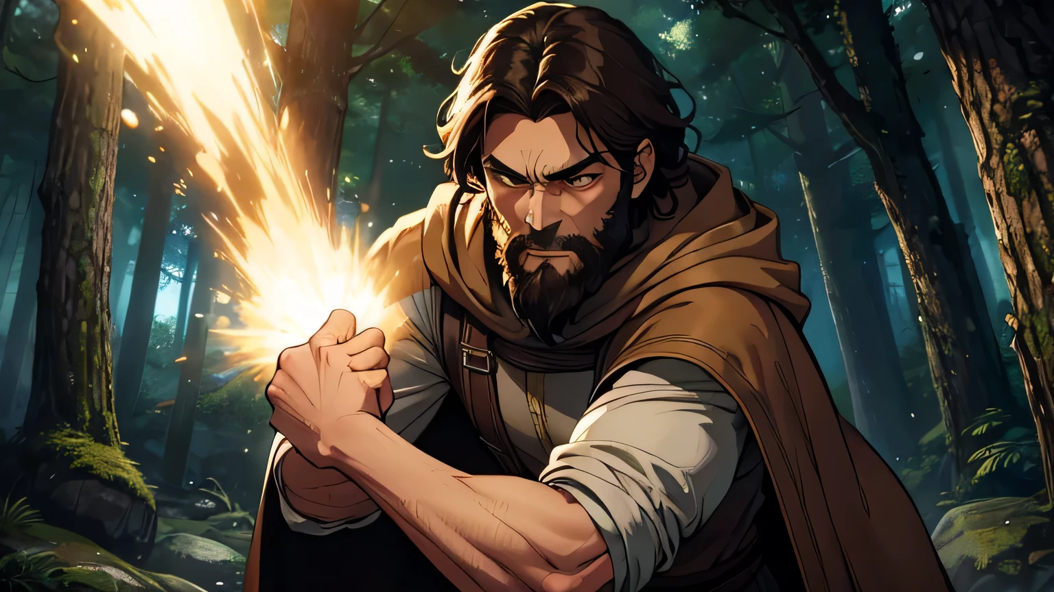 Worried-faced man with dark brown beard, long dark brown hair, light yellow-brown eyes and dark brown and light brown tunic from the 4th century BC. C., with a light brown cloak, about 50 years old, throwing brown rock with his hand, in a dark and mysterious forest at night, movement scene in the forest, changing lighting, hyperrealistic, cinematic lighting,