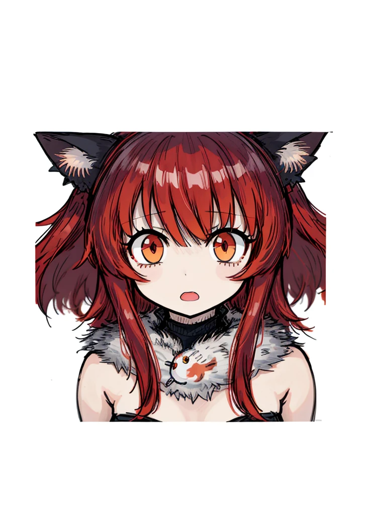 1girl ,red, wolf girl, (high resolution, high detail, best quality), white background, single, medium chest, orange eyes, cat tail, shy, open mouth