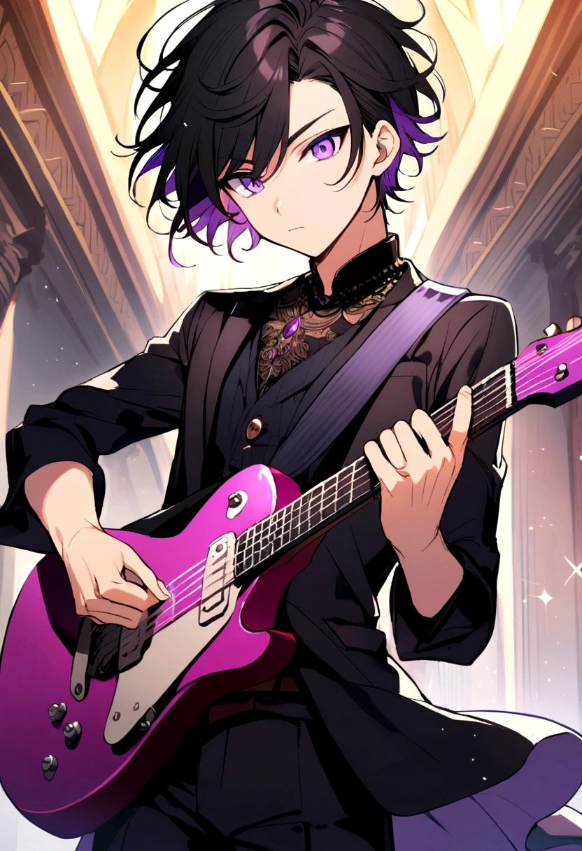 Anime boy with black hair and purple eyes playing a electric guitar