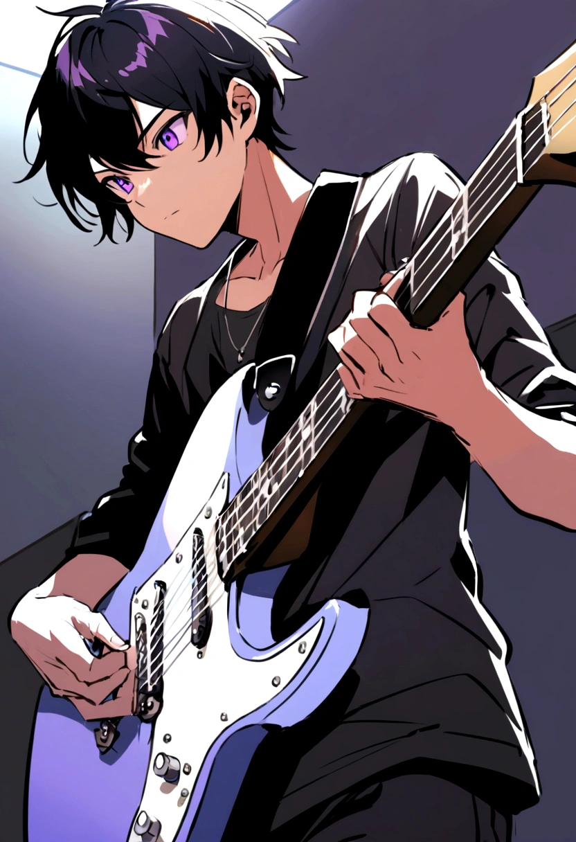 Anime boy with black hair and purple eyes playing a electric guitar 