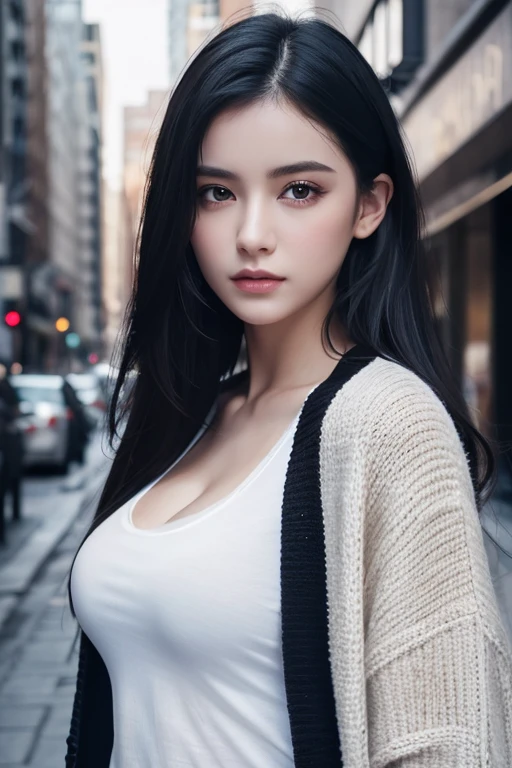 Beautiful girl with realistic black eyes, pale skin, Long black hair, perfect face, perfect eyes, ((Wearing a knit cardigan over a white T-shirt)),very detailed, comprehensive movie, digital painting, 8K, cinematic lighting, highest quality, High resolution, Great job!, Post-processing, perfect result, surreal,(((revealing clothes))),big breasts,The background is a city, selfie