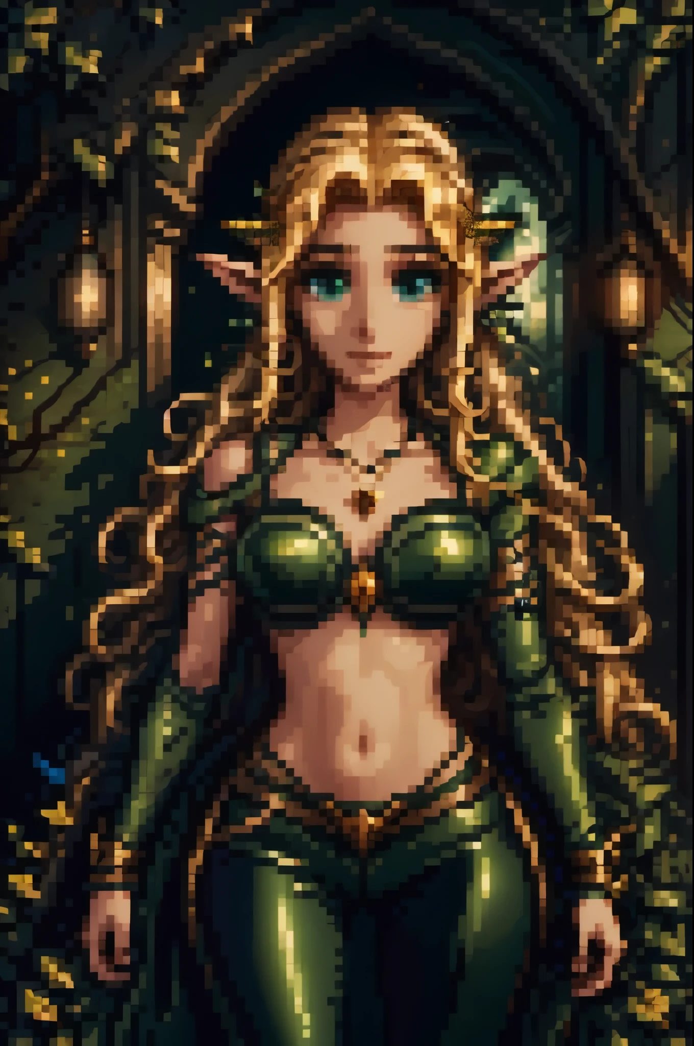 medieval setting, full view of body, (detailed elf ear, 1 woman, elven featured face, beautiful green eyes, blonde hair), leather armor, black leather pants,