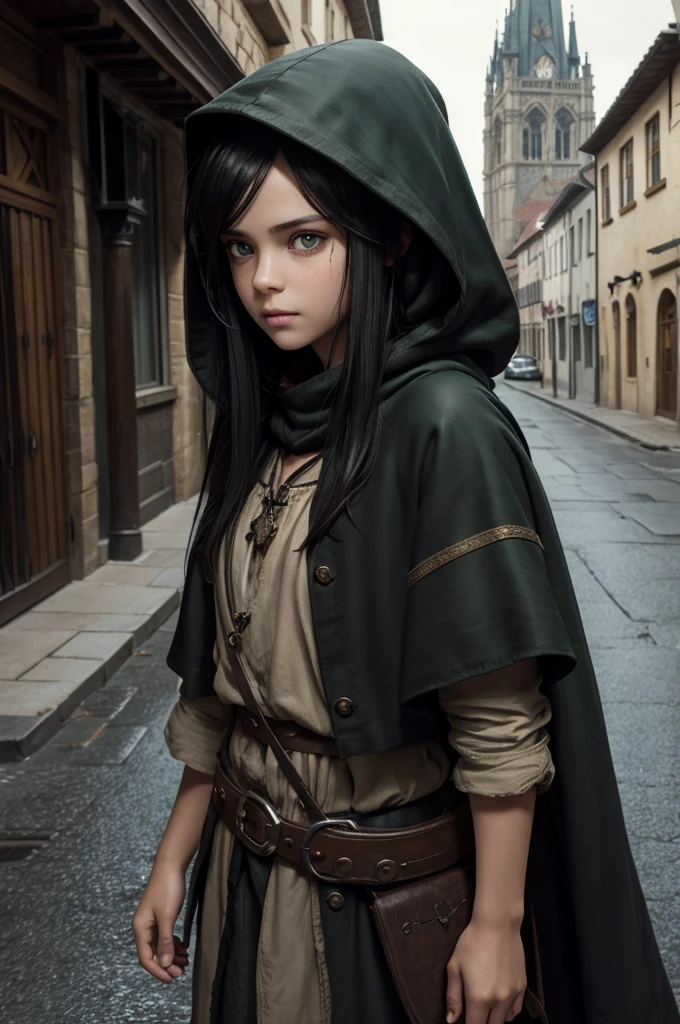 ((best quality)), ((masterpiece)), (detailed), ((normal anatomy)), beautiful eye detail, perfect face, high detail, charismatic, full body, realistic, cinematic lighting, defined body, super detail, high realism, medieval fantasy setting, a pretty young girl in street urchin clothes, dirty soot covered face, large green nictating eyes with vertical pupils, long black hair under a brown hood, standing outdoors in a medieval city