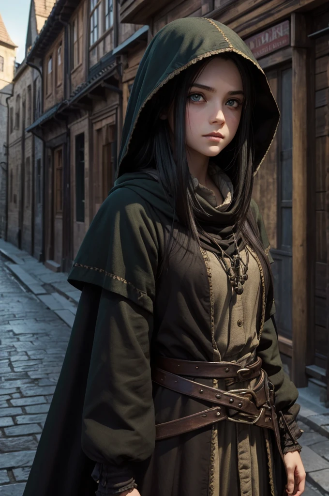 ((best quality)), ((masterpiece)), (detailed), ((normal anatomy)), beautiful eye detail, perfect face, high detail, charismatic, full body, realistic, cinematic lighting, defined body, super detail, high realism, medieval fantasy setting, a pretty young girl in street urchin clothes, dirty soot covered face, large green nictating eyes with vertical pupils, long black hair under a brown hood, standing outdoors in a medieval city