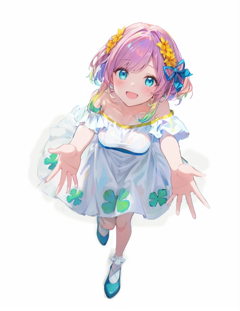 {{masterpiece}}, {high quality}, {highly detailed} , {pink hair}, {{blue and yellow gradient hair}}, blue big eyes, {{swept bangs}}, short hair with locks, teenage, solo, {{{wavy hair}}}, medium breasts, open mouth, light smile, bob cut, flying, off shoulder, happy, anime, blue Shoes, white dress, flying, blue sky, reaching out, forward hands, pumps, lora:add_detail:1