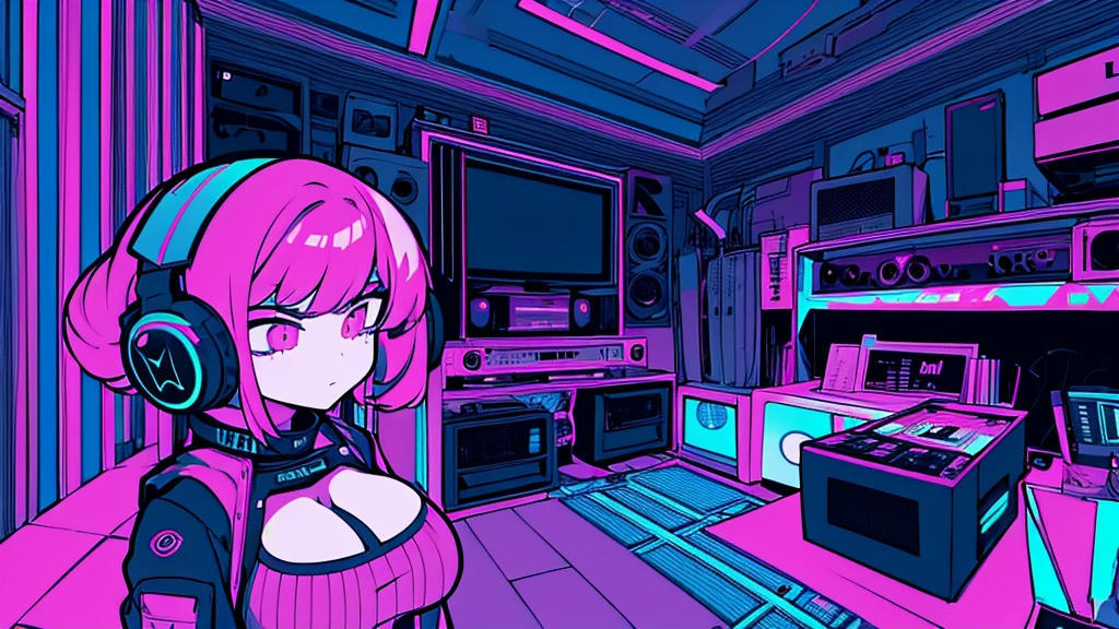 Best quality, (masterpiece), best detail face,1 girl, big breasts, 18 yo, 8k,absurdres,unity 8k wall paper,(extremely detailed:1.3), highest realistic, (retro headphones:), (soft neon light:), (psychedelic), Her room full of music equipment and records, sports wear , See the whole room , dark grey color pallet