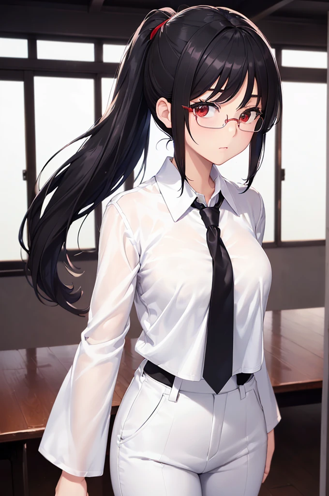 (masterpiece; best quality: 1.2), (finely detailed eyes: 1.3), ((25 year old woman)), ((solo)), (red eyes: 1.4), (body; gorgeous, soft, femenine: 1.3), (silky black hair + low ponytail: 1.3), (beautiful and clear background: 1.2), ((depth of field)), (equipment: white labcoat + (black shirt) + (white necktie) + white pants + black square glasses: 1.3), (anime illustration: 1.2), (background composition; japanese highschool classroom + furniture: 1.1), (extremely fine and beautiful: 1.1), (shot composition; standing + centered on torso + close-up: 1.5), (expression; calm, stoic: 1.2)