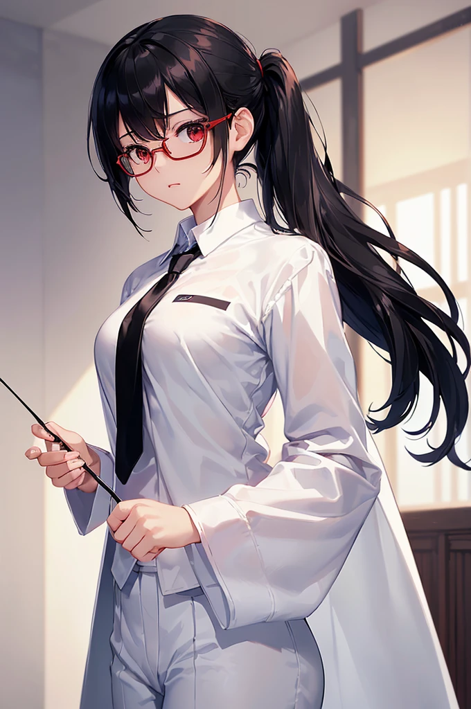 (masterpiece; best quality: 1.2), (finely detailed eyes: 1.3), ((25 year old woman)), ((solo)), (red eyes: 1.4), (body; gorgeous, soft, femenine: 1.3), (silky black hair + low ponytail: 1.3), (beautiful and clear background: 1.2), ((depth of field)), (equipment: white labcoat + ((black shirt)) + (white necktie) + black pencil skirt + black square glasses: 1.3), (anime illustration: 1.2), (background composition; japanese highschool classroom + furniture: 1.1), (extremely fine and beautiful: 1.1), (shot composition; standing + centered on torso + close-up: 1.5), (expression; calm, stoic: 1.2)