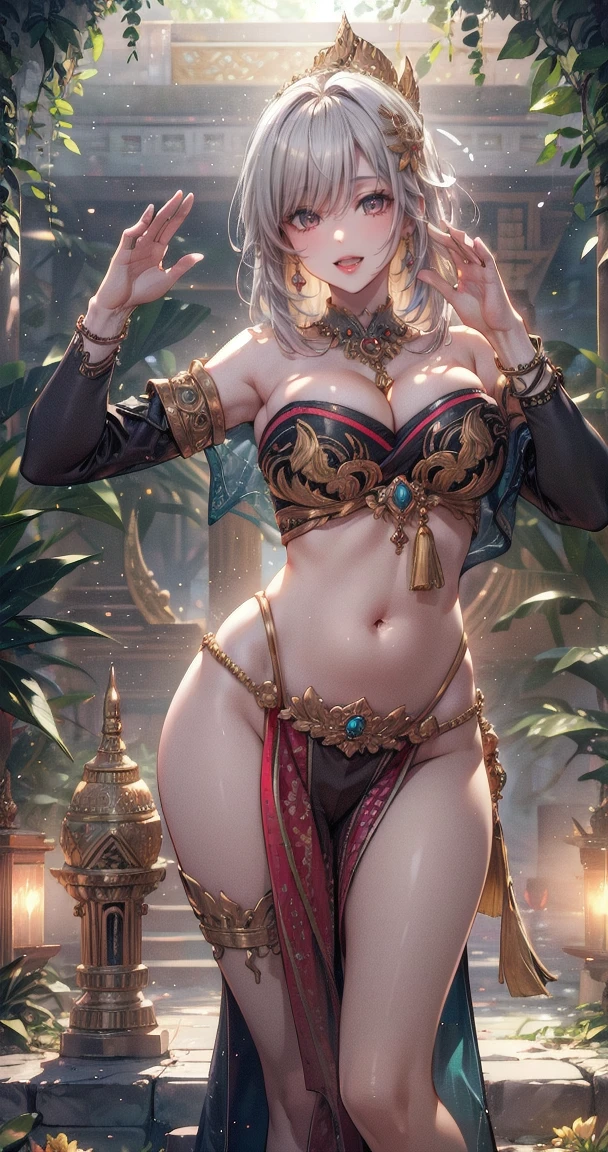 (Masterpiece:1.5), (((High qualityสุด, best quality, High quality))), ((complicated details, very detailed, Crazy details)), height, 32ก, Extremely detailed CG 8K unity wallpaper., (beautiful and beautiful:1.2),, (depth of field:1.3), (Flawless.:1.3), (Delicate depiction of details:1.4),
(((Abundant natural light, Delightful bright colors))), (Ambient volumetric backlight:1.5),  (Illustration of an extremely beautiful young woman:1.3),
(upper body:1.4), (perfect center:1.4), (Natural willow pose:1.5), (((dynamic poses, movie corner))),
(1milf:1.5), (alone:1.4),
beautiful beautiful face, [(detailed face:1.2):0.2], Bright eyes, Pure Rose Face_v1, ulzzang-6500-v1.1,  (gag:1.5), (red lips:1.4), (full lips:1.4), (smile:1.3),
Flawless attractive body, (((The feminine curves are pronounced.))), Skin glows brightly., realistic skin, hair follicles, (((Tightening belly, navel, Groin:1.3))),
(((Golden thread flutters.))), (Fringed tassels:1.3), (Tight long sleeves:1.4), (Single neck), (The invention shines.:1.5),(Strapless Thai dress with no straps:1.3),(Show your breasts,The crevice is clear.), (Elegant and intricate clothing accessories:1.5), (Embroidery work decorated with gems:1.4), (sparkling clothes:1.4), (sparkling particles:1.3), (((The front seam is sagging., Sagging back seam))), (((earring, armband, Hair clips, hair accessories))), (Stand alone in a magical outdoor garden decorated with gems and colorful exotic flowers and shrubs.:1.5), (Outside the great ancient palace:1.5), (((full body))),(((ขับnavel,List of dances,Thai Dance))), big breasts,Show your breastsของคุณ,The cracks are clear...,((big tits))，(pubic bone), rift, visible chest, ((bare breast:1.37)), I see bulging nipples.,(((large areolae:1.4,pink,The nipples are clearly visible.....))),((((2 young women,long white hair))))
