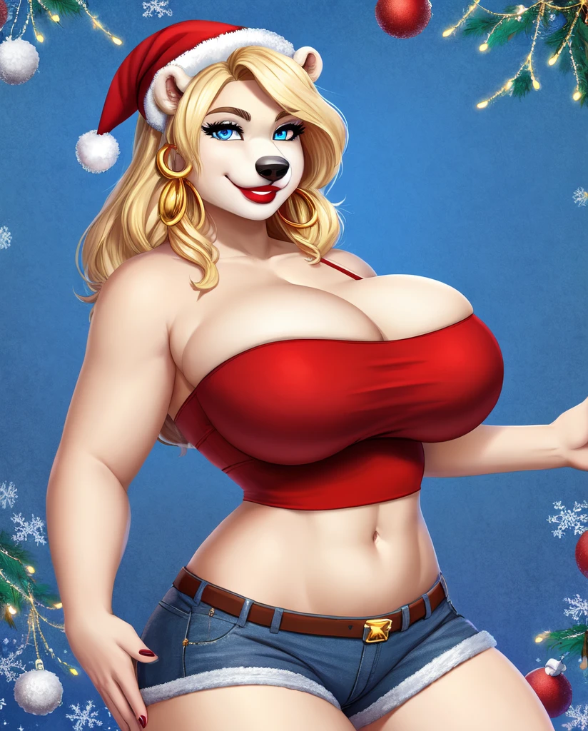 Blonde polar bear woman, wearing a Christmas tube top and jean shorts, perfect face, blue eyes, big breasts, cleavage, three-quarter view, solo, smile, perfect detailed body, red lipstick, gold earrings,