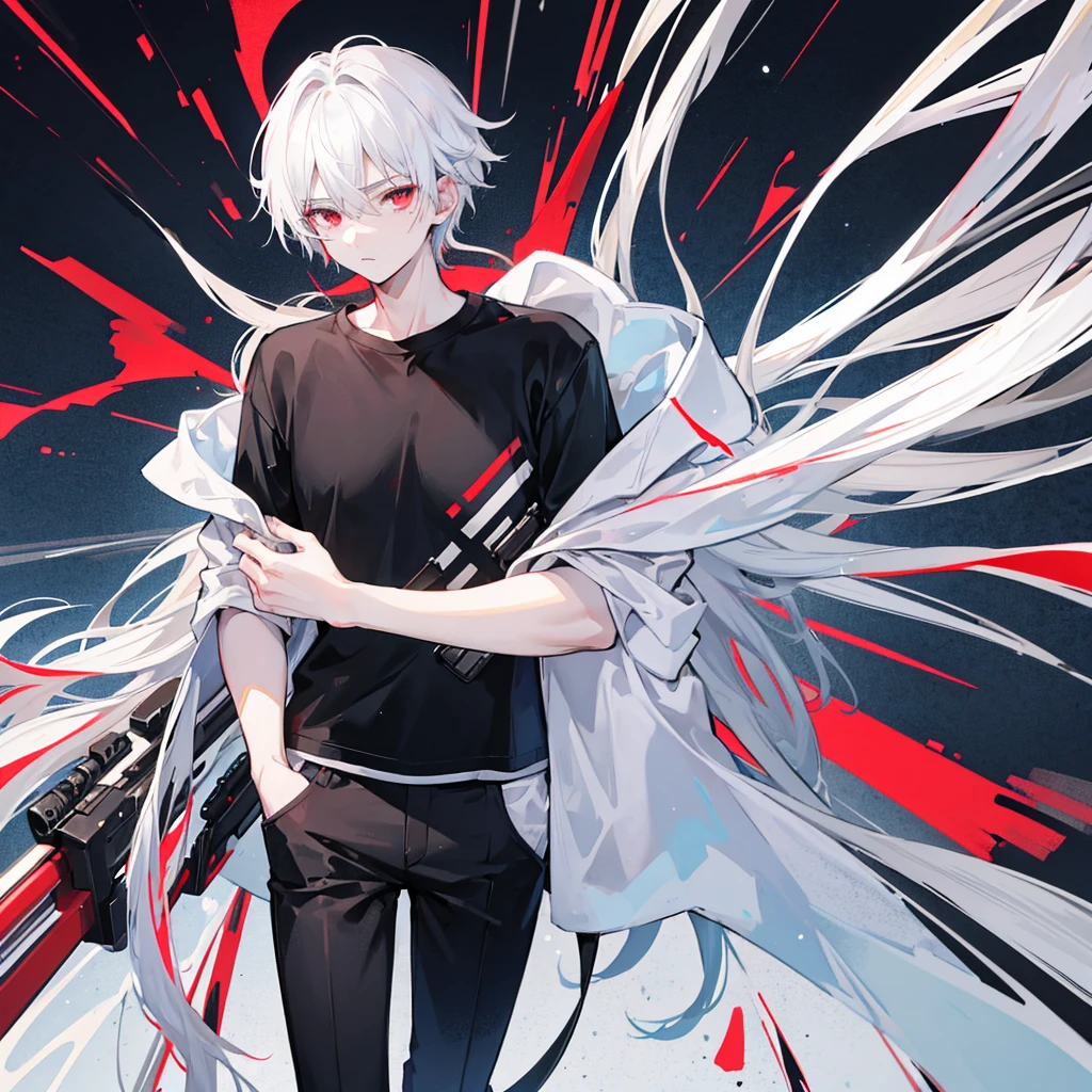 20 year old boy with white hair red eyes wearing a black t-shirt and white pants with a gun in his hand