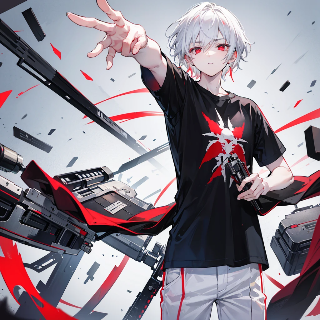 20 year old boy with white hair red eyes wearing a black t-shirt and white pants with a gun in his hand