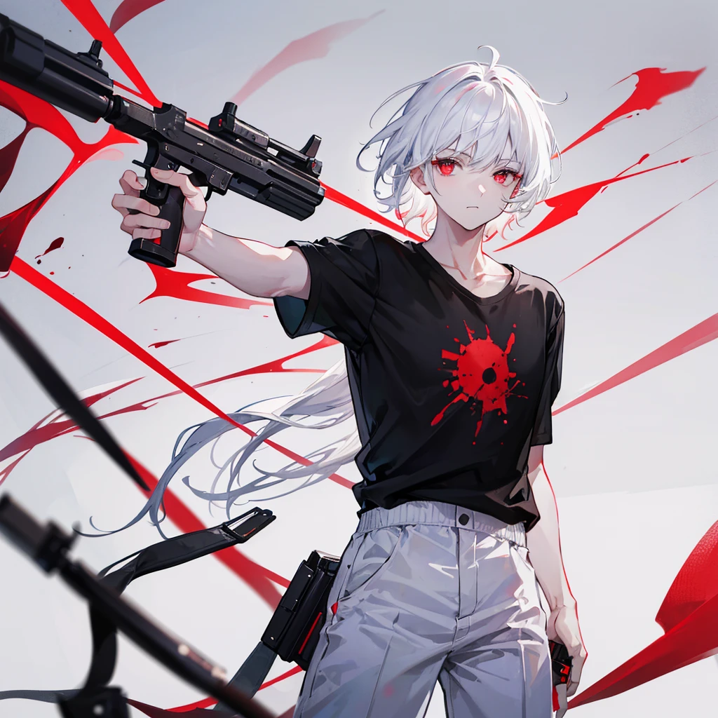 20 year old boy with white hair red eyes wearing a black t-shirt and white pants with a gun in his hand