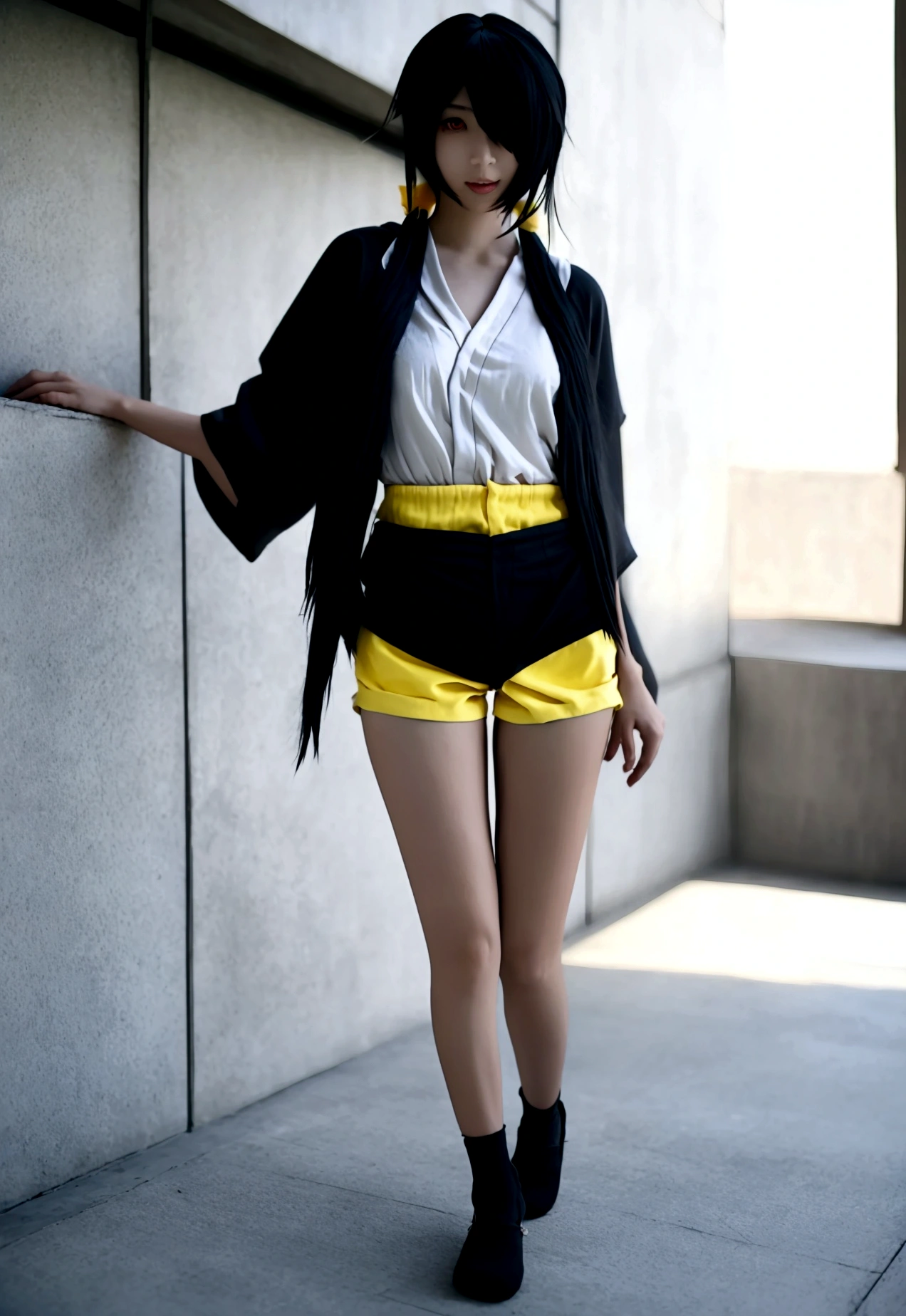 ultra-detailed,highly detailed, best quality,masterpiece, illustration, realistic, photo, photorealistic,
1girl, ((tokisaki kurumi)), ((cosplay)), hair over one eye, (right red eye, left yellow eye), looking at viewer, happy girl, (low twintail) , ((kimono)), (((Black hotpants))), hair rings, loafers,
(Outdoors), walking, ((beach)) 