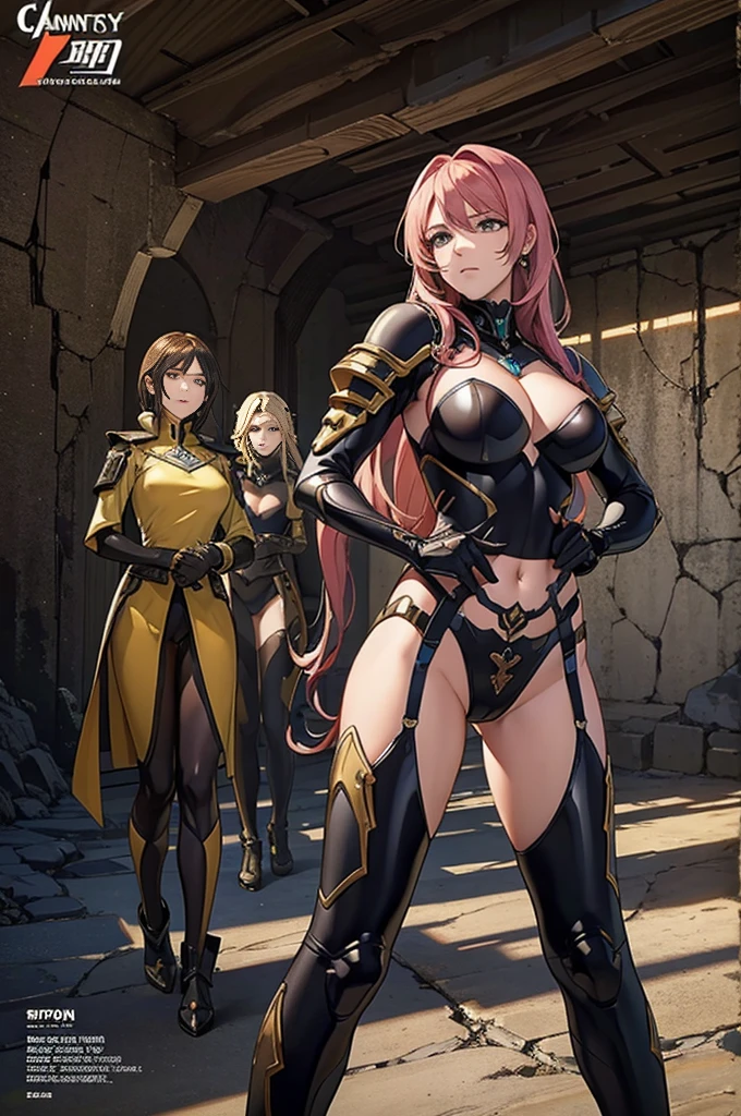 best quality, official art, masterpiece, textile shading, HDR, very detailed, colorful, best details, fantasy, battle armor, 1 human female, 25 years old, 3 boys bandits, Multiple horny bandits, Anxious and frightened expression, standing on stairs, Inside the cave, Dim brightness, choppy hair, big breast, skinny, Surrounded by a horde of bandits:1.9、Bandits in heat, Feeling like about to be attacked, mysterious atmosphere、cameltoe:1.3, looking back, ground level shot:1.9, fighting stance,