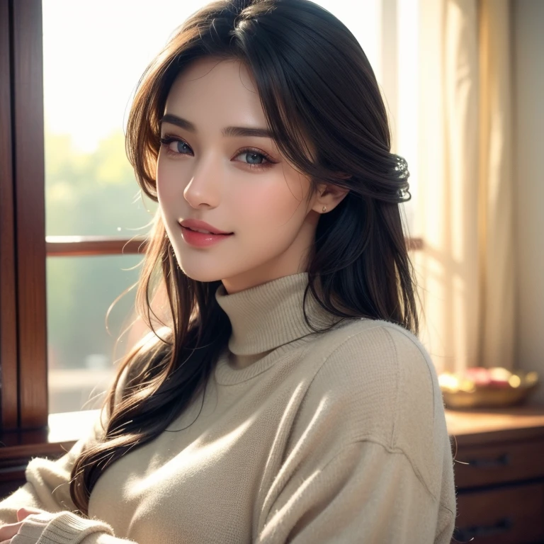 A beautiful young woman, (1girl), casual outfit, detailed face, alluring eyes, full lips, large bust, turtle neck t-shirt, gray vest, outdoor setting, soft lighting, warm colors, (best quality,4k,8k,highres,masterpiece:1.2),ultra-detailed,(realistic,photorealistic,photo-realistic:1.37),cinematic, beautiful detailed eyes, beautiful detailed lips, extremely detailed face and eyes, long eyelashes, intricate clothing textures, elegant posing, warm smile, romantic atmosphere