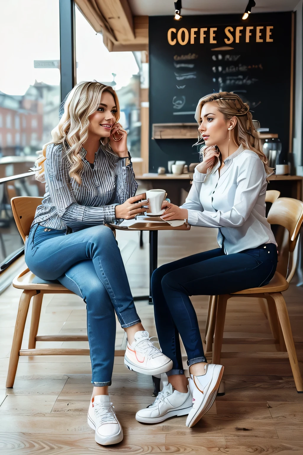 high quality,16K:1.1),((, Two German women sitting on chairs in a coffee shop)Facing each other across the desk,Chatting 、(Full Body Shot:1.2),(),Blonde wavy hair、、ear piercing、smile、Beautiful teeth alignment、((Long sleeve blouse、Skinny jeans、sneakers)), ,(View your audience:1.3),The background is a coffee shop