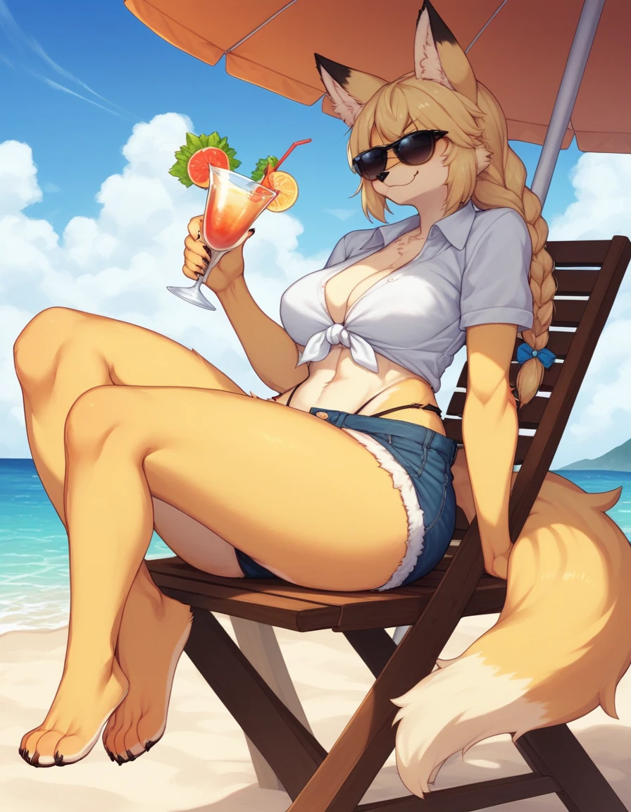 Solo, Score_9, score_8_up, score_7_up, source_cartoon, kemono style, An Anthro furry fox girl, yellow furry body, yellow fox tail , black nose, blonde hair, braided hair, wearing blue daisy dukes, a tied white shirt, visible thong, sunglasses covering eyes, smirking, outdoors, sunny day, looking away, majestic, at the beach, sitting on a chair under an umbrella, in front of a food stand, legs crossed, barefoot, 4 toes, holding a margarita,