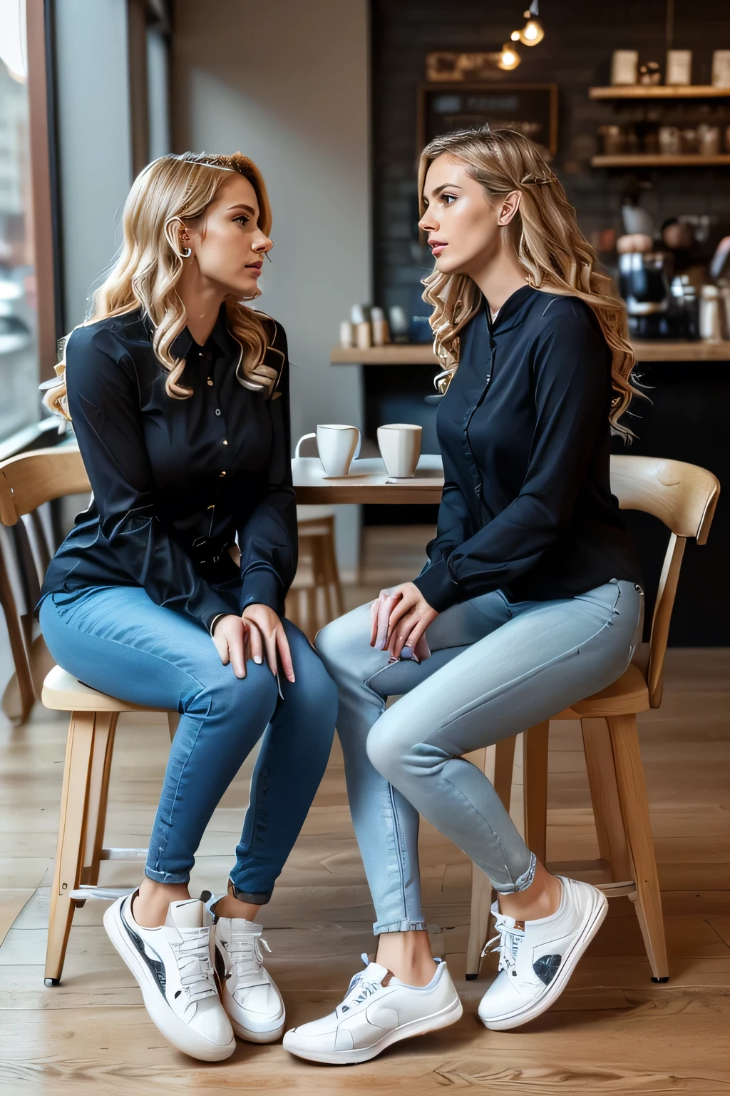 high quality,16K:1.1),((, Two German women sitting on chairs in a coffee shop)Facing each other across the desk,Chatting 、(Full Body Shot:1.2),(),Blonde wavy hair、、ear piercing、smile、Beautiful teeth alignment、((Long sleeve blouse、Skinny jeans、sneakers)), ,(View your audience:1.3),The background is a coffee shop
