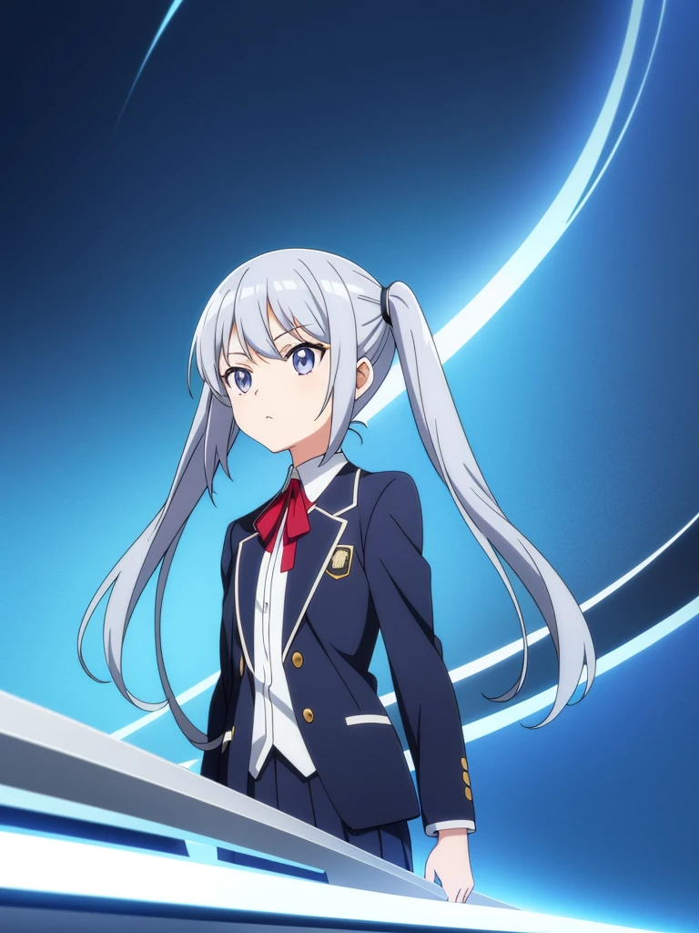 1girl, anime girl, silver hair, long twintails, silver eyes, dark blue school suit, anime wallpaper style, anime background scene
